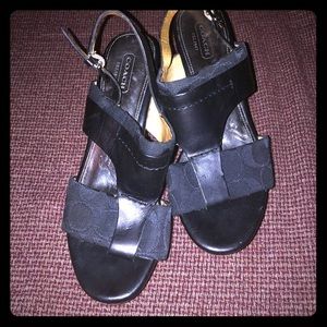 Coach black leather and wood wedges